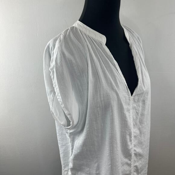 H&M White Blouse Cotton Split Neck Frill-Trimmed Cap Sleeve Pullover S M Medium - Picture 6 of 9